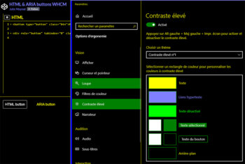 Comparaison du rendu par défaut d'un bouton HTML et d'un bouton ARIA en mode de contraste élevé sous Windows