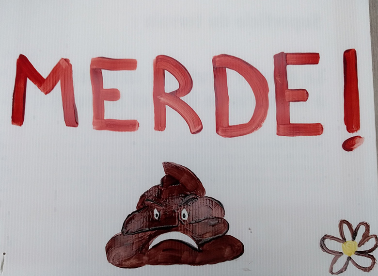 Une pancarte blanche sur laquelle est écrit "MERDE" en gros en rouge. En-dessous, un gros emoji caca marron en colère et en bas à droite, une petite fleur type pâquerette dont les pétales blancs sont détourés dans le marron du caca.