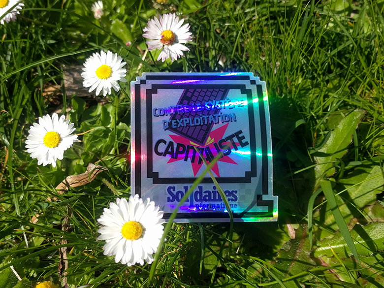 Autocollant holographique de Solidaires Informatique posé dans la pelouse au milieu des pâquerettes